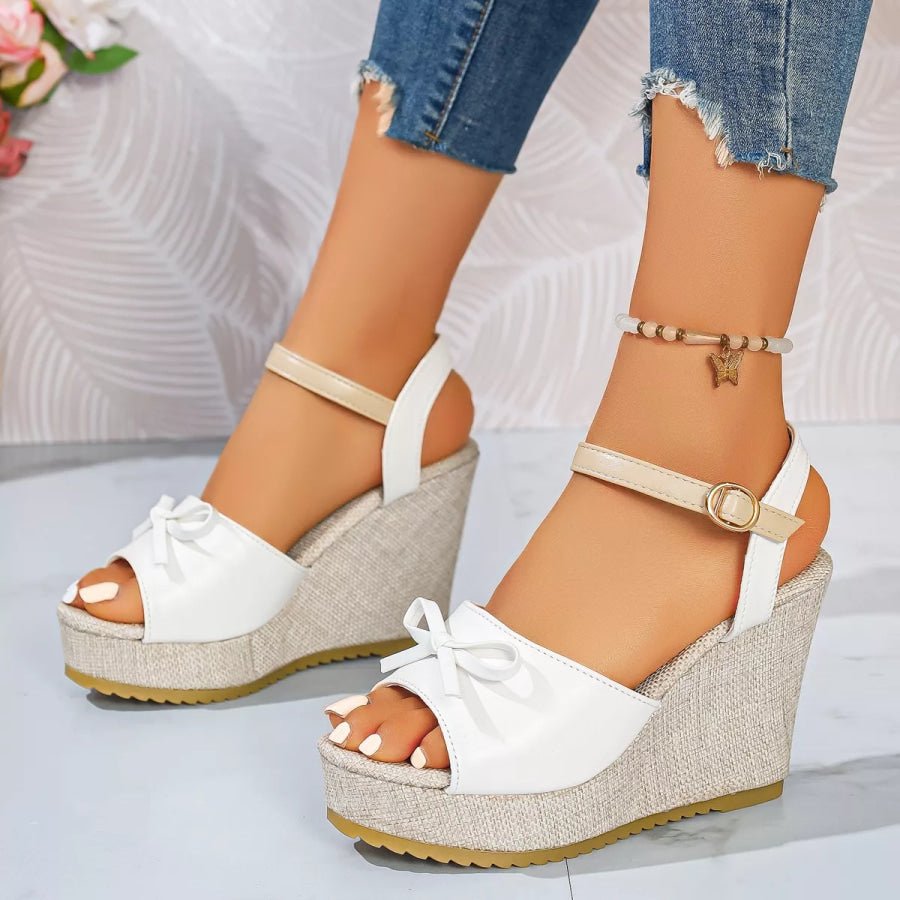 Bow Peep Toe Wedge Sandals White / 35 Apparel and Accessories