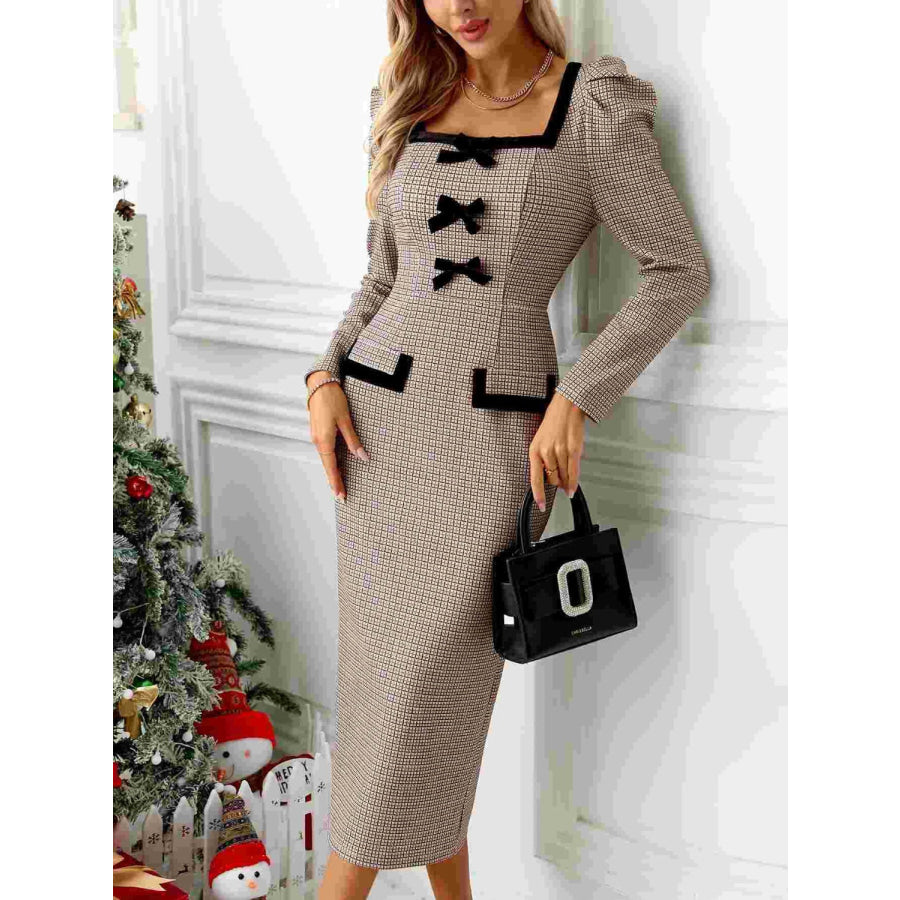 Bow Plaid Square Neck Puff Sleeve Dress Apparel and Accessories