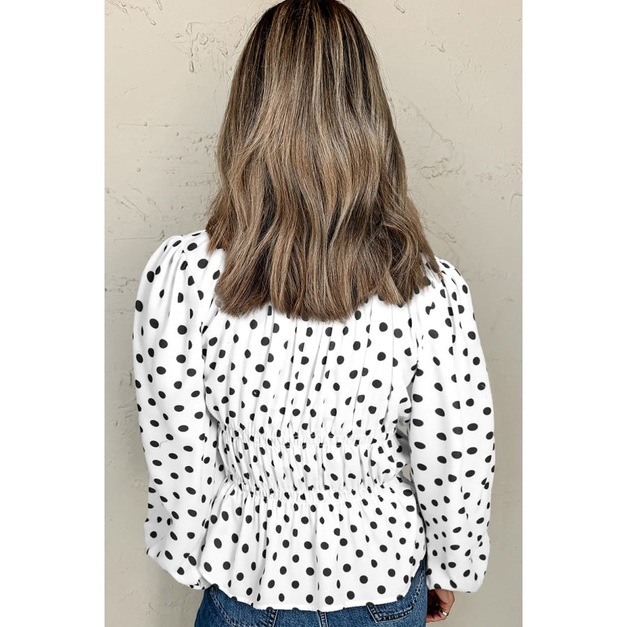 Bow Polka Dot Square Neck Long Sleeve Blouse White / S Apparel and Accessories
