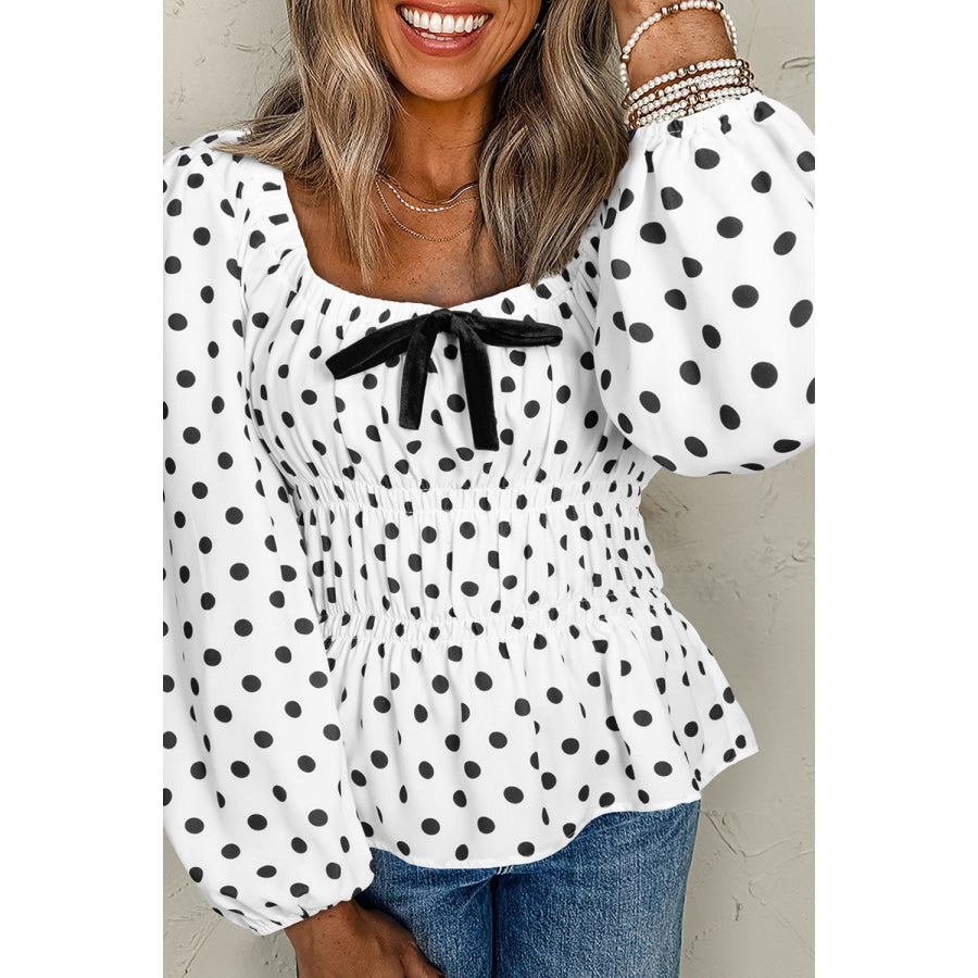 Bow Polka Dot Square Neck Long Sleeve Blouse White / S Apparel and Accessories