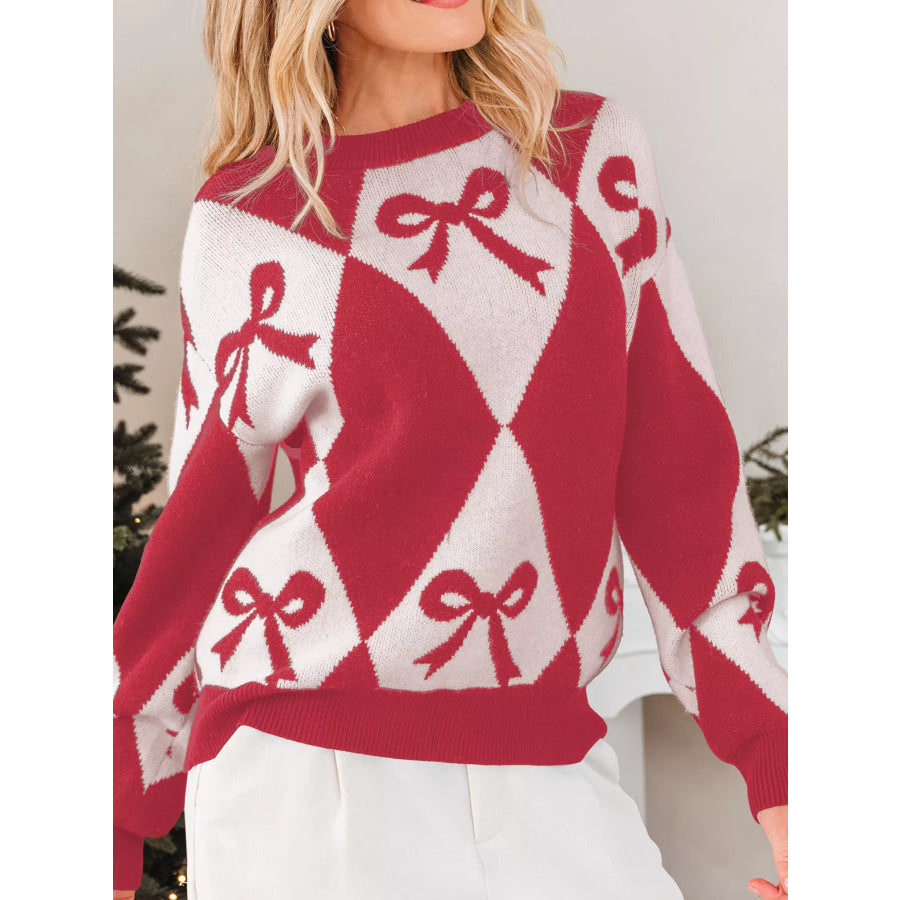 Bow Print 2-Tone Rhombus Knit Loose Sweater Apparel and Accessories
