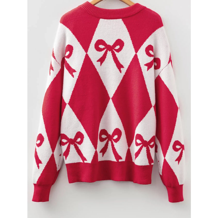 Bow Print 2-Tone Rhombus Knit Loose Sweater Apparel and Accessories