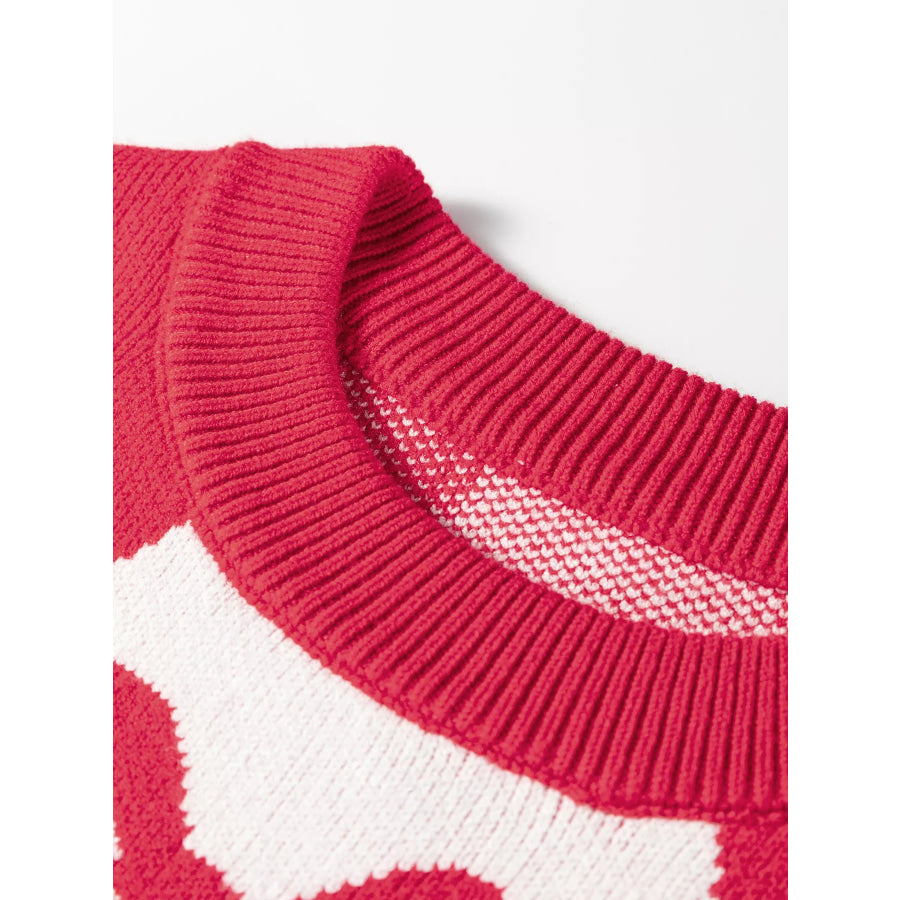 Bow Print 2-Tone Rhombus Knit Loose Sweater Apparel and Accessories