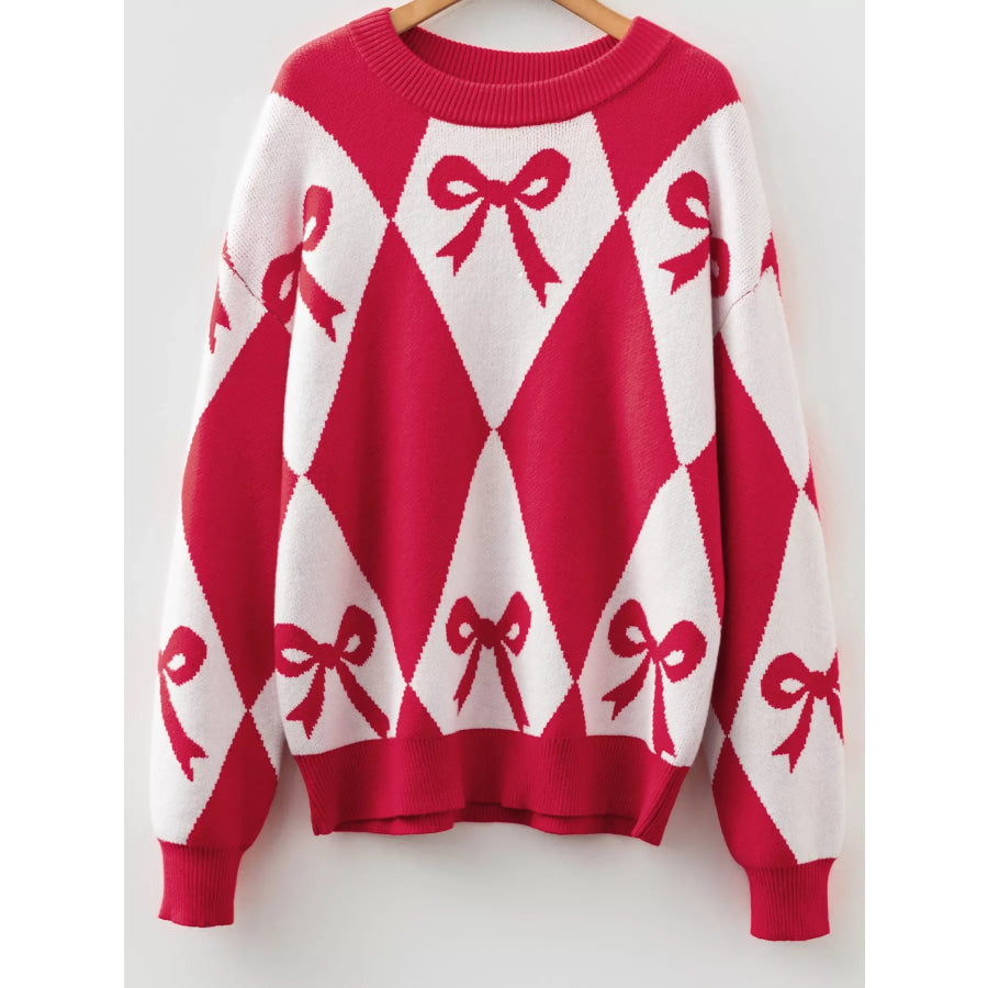 Bow Print 2-Tone Rhombus Knit Loose Sweater Apparel and Accessories