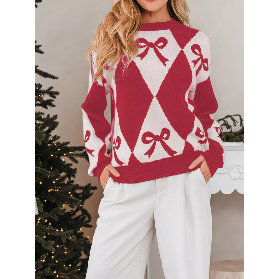 Bow Print 2-Tone Rhombus Knit Loose Sweater Rust / S Apparel and Accessories