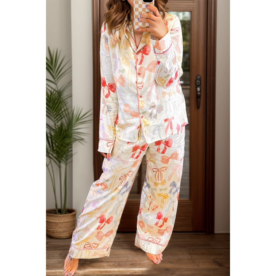 Bow Print Collared Neck Long Sleeve Top and Pants Lounge Set White / S Apparel and Accessories