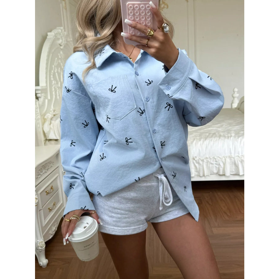 Bow Print Long Sleeve Shirt Blue / S Apparel and Accessories