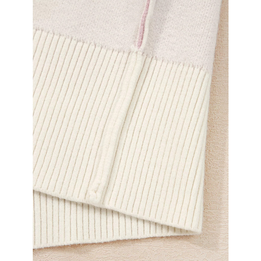 Bow Print Ribbed Trim Exposed Seam Drop Shoulder Loose Sweater Apparel and Accessories