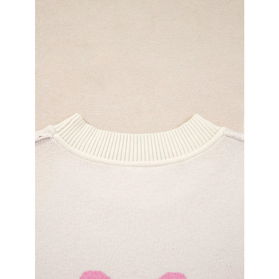 Bow Print Ribbed Trim Exposed Seam Drop Shoulder Loose Sweater Apparel and Accessories