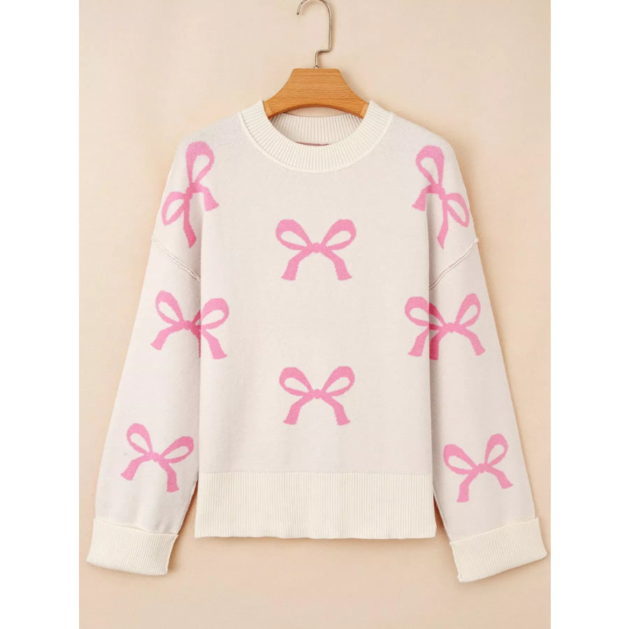 Bow Print Ribbed Trim Exposed Seam Drop Shoulder Loose Sweater Apparel and Accessories