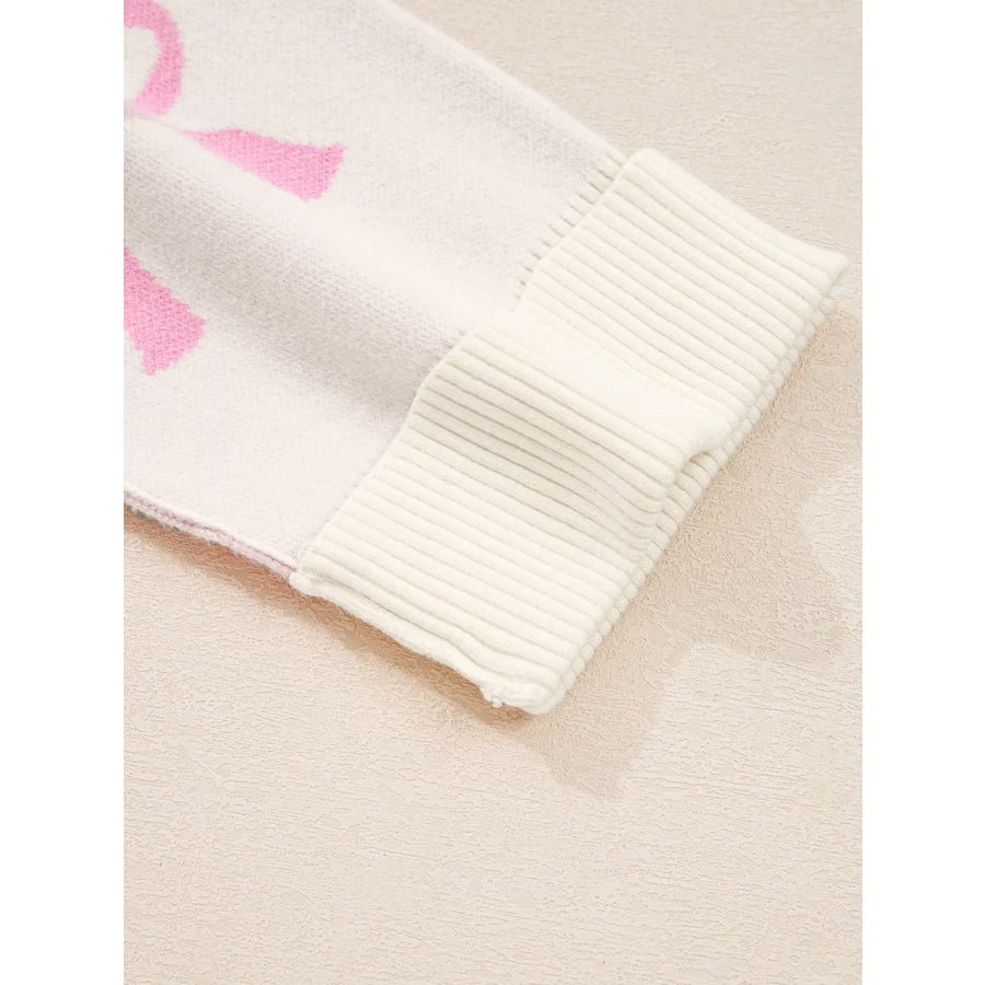 Bow Print Ribbed Trim Exposed Seam Drop Shoulder Loose Sweater Apparel and Accessories