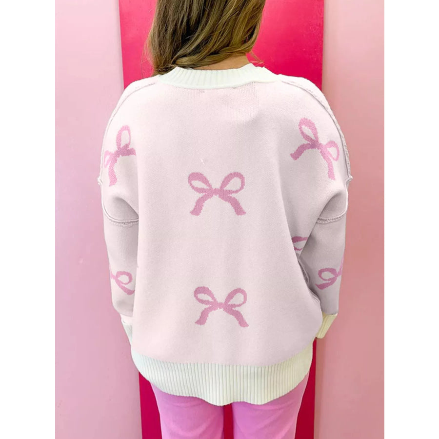 Bow Print Ribbed Trim Exposed Seam Drop Shoulder Loose Sweater Apparel and Accessories