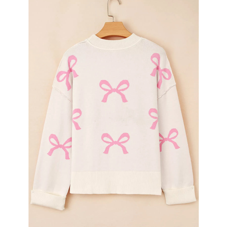 Bow Print Ribbed Trim Exposed Seam Drop Shoulder Loose Sweater Apparel and Accessories