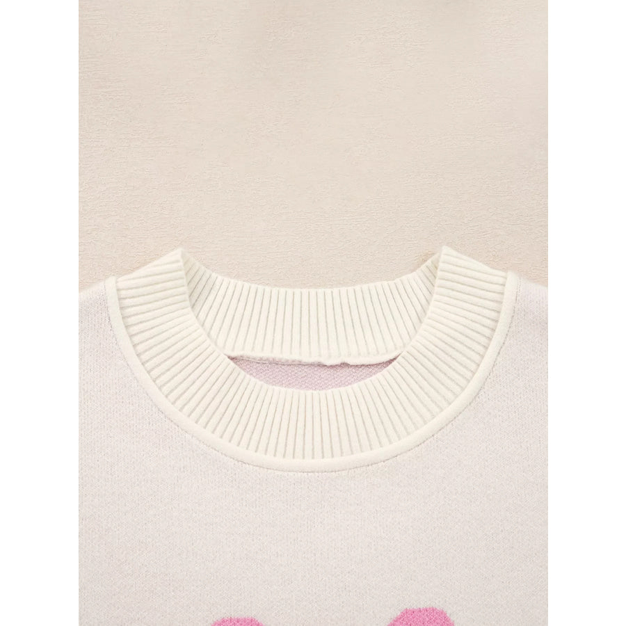 Bow Print Ribbed Trim Exposed Seam Drop Shoulder Loose Sweater Apparel and Accessories