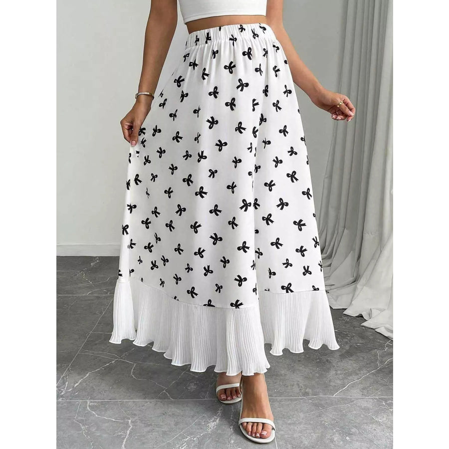 Bow Print Ruffle Hem Flowy Maxi Skirt Apparel and Accessories