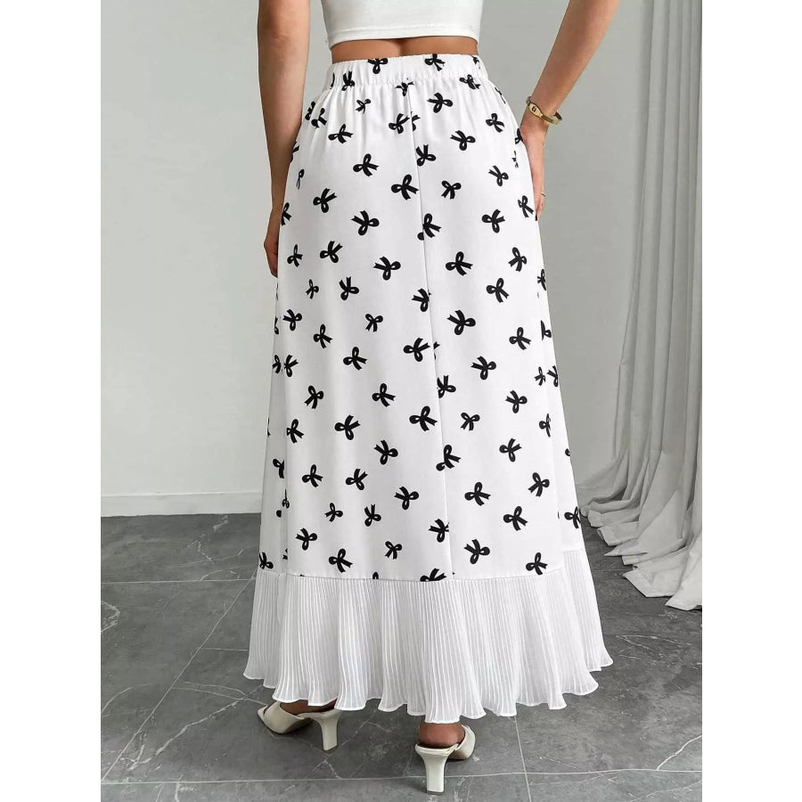 Bow Print Ruffle Hem Flowy Maxi Skirt White / S Apparel and Accessories