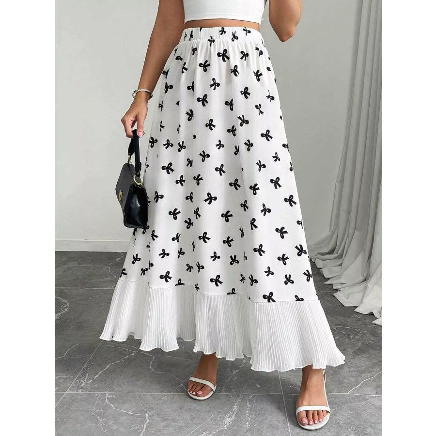 Bow Print Ruffle Hem Flowy Maxi Skirt White / S Apparel and Accessories
