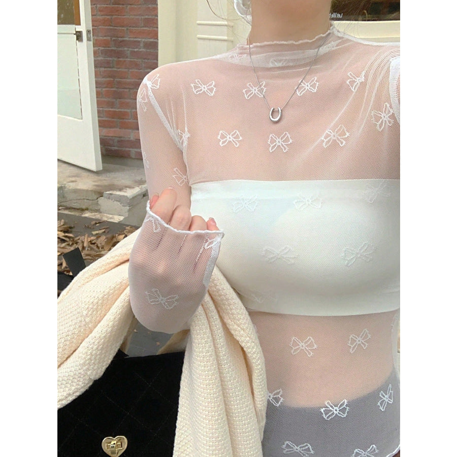 Bow Print Sheer Mesh Top Apparel and Accessories