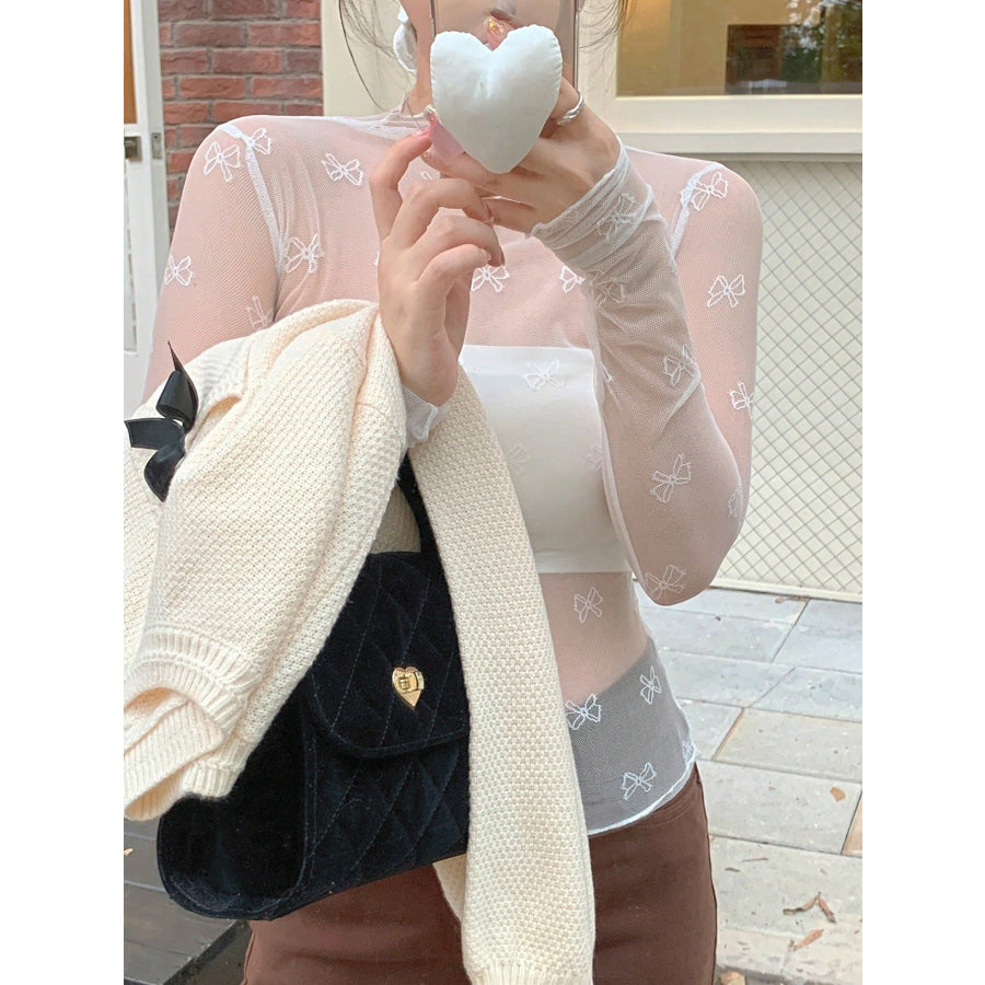Bow Print Sheer Mesh Top Apparel and Accessories