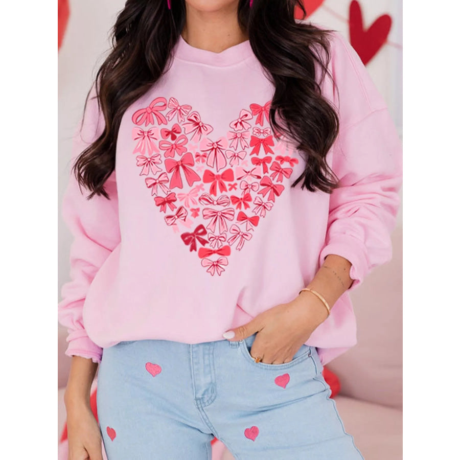 Bow Printed Big Heart Valentines Day Pullover Sweatshirt Blush Pink / S Apparel and Accessories