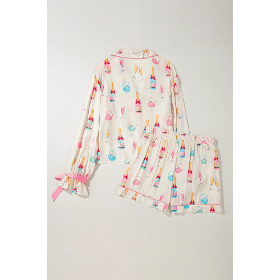 Bow Printed Collared Neck Top and Drawstring Shorts Lounge Set Apparel and Accessories