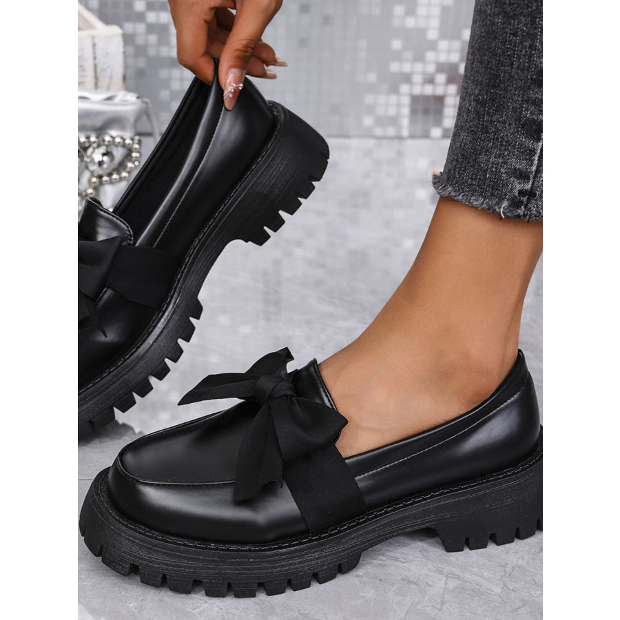 Bow PU Leather Round Toe Loafers Apparel and Accessories