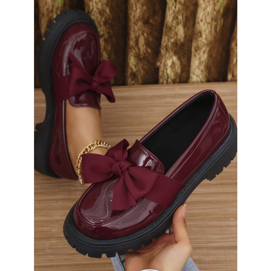 Bow PU Leather Round Toe Loafers Apparel and Accessories