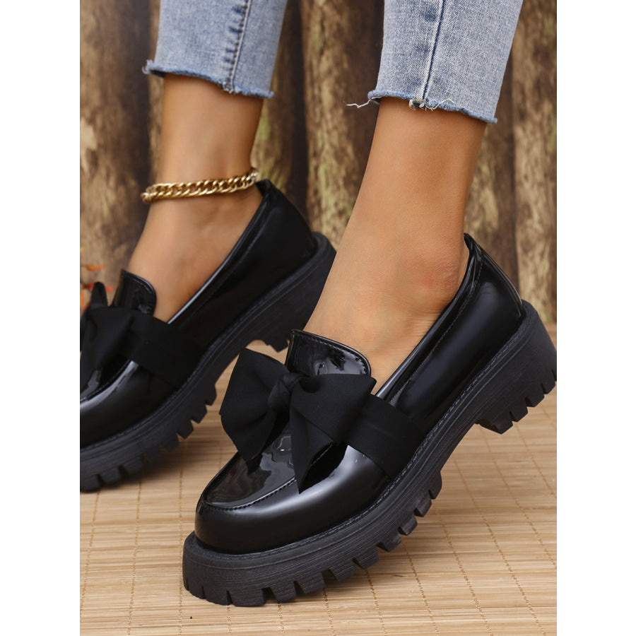 Bow PU Leather Round Toe Loafers Apparel and Accessories