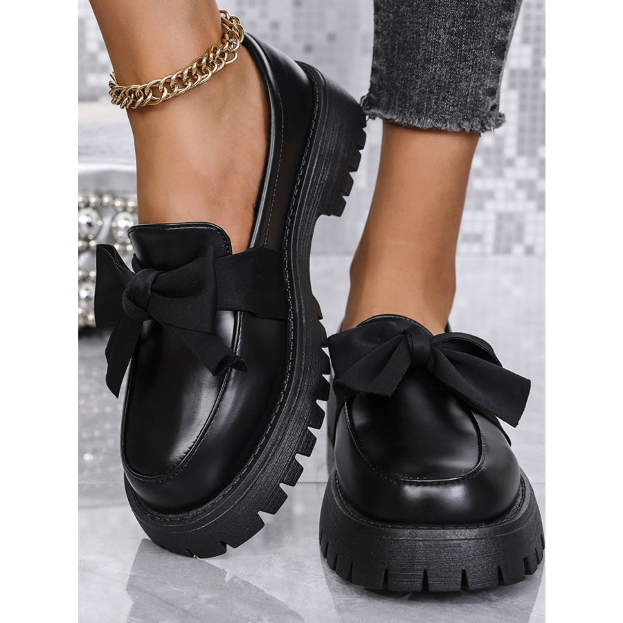 Bow PU Leather Round Toe Loafers Apparel and Accessories