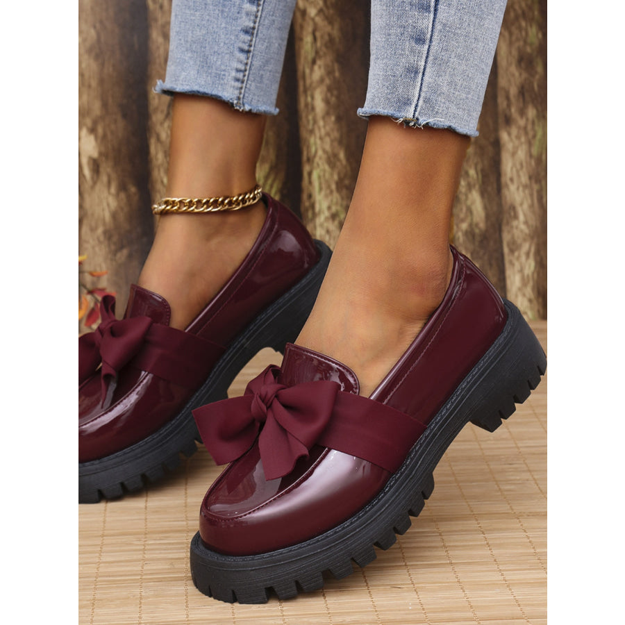 Bow PU Leather Round Toe Loafers Burgundy / 35(US4) Apparel and Accessories