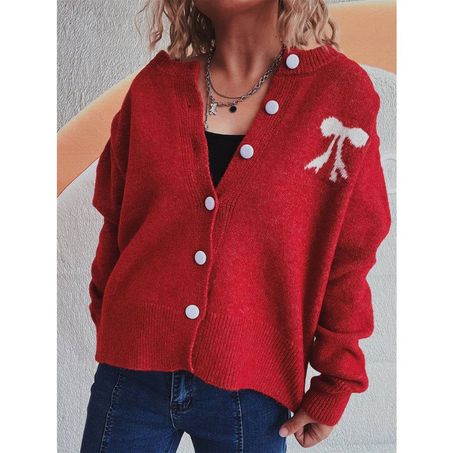 Bow Round Neck Button Up Long Sleeve Cardigan Apparel and Accessories