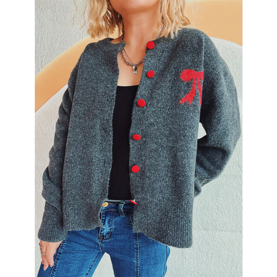 Bow Round Neck Button Up Long Sleeve Cardigan Dark Gray / One Size Apparel and Accessories