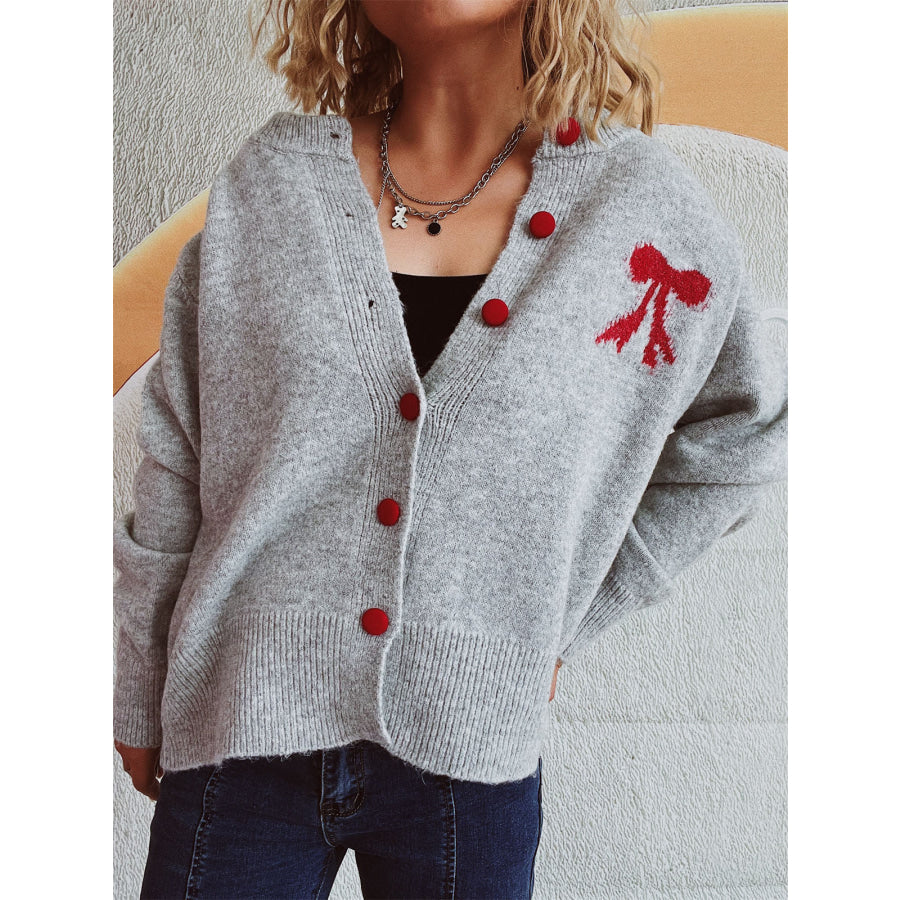 Bow Round Neck Button Up Long Sleeve Cardigan Gray / One Size Apparel and Accessories