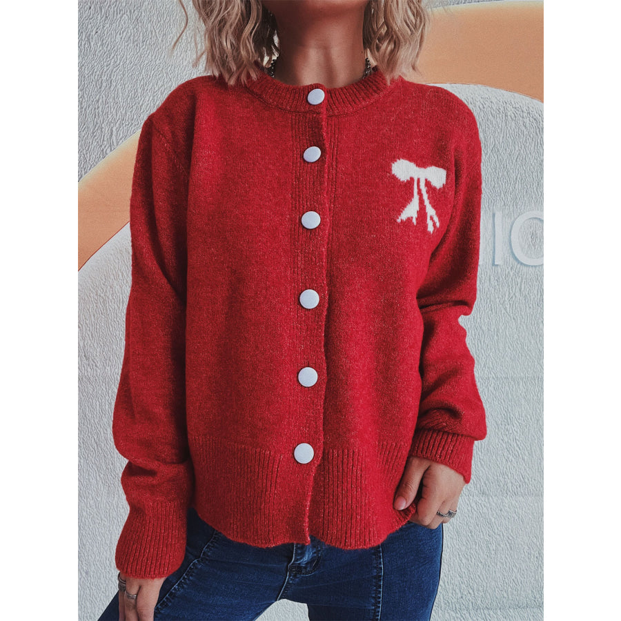 Bow Round Neck Button Up Long Sleeve Cardigan Scarlet / One Size Apparel and Accessories