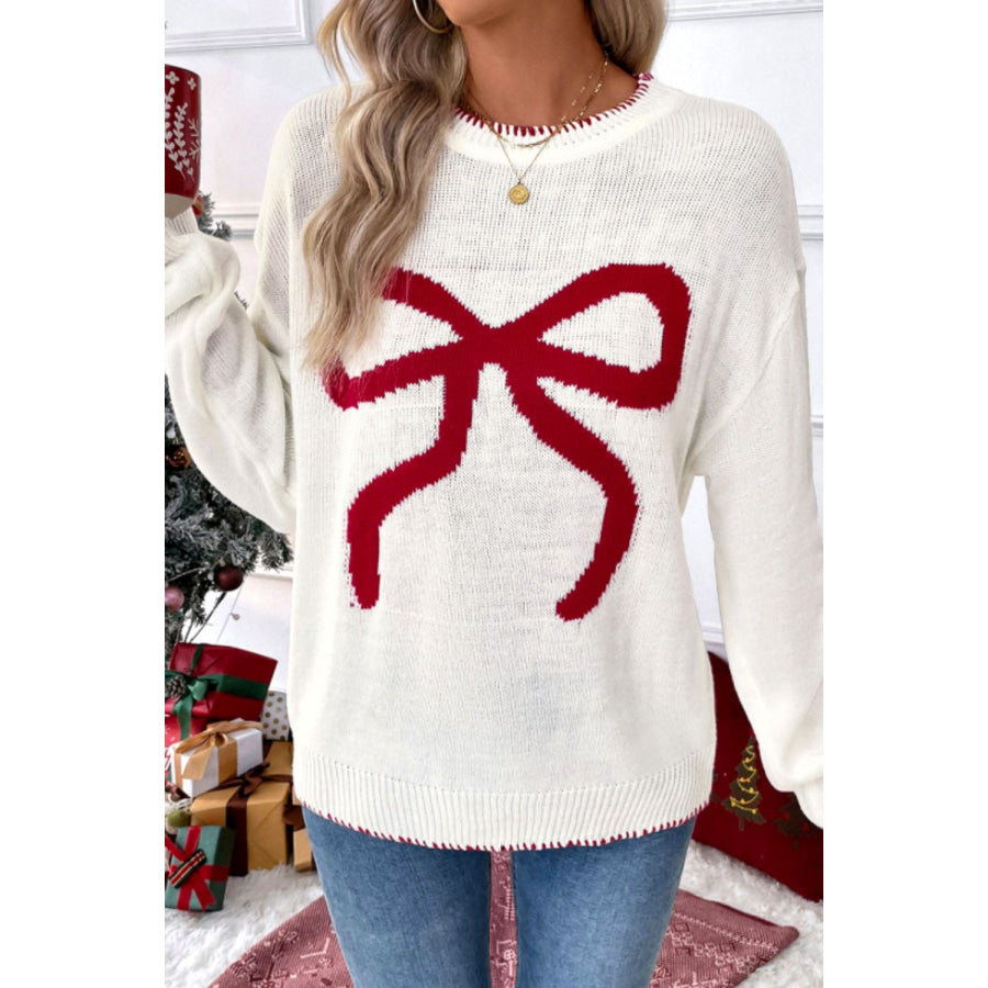 Bow Round Neck Drop Shoulder Sweater Apparel and Accessories