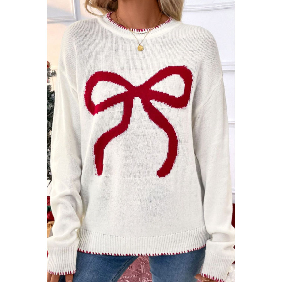 Bow Round Neck Drop Shoulder Sweater Apparel and Accessories