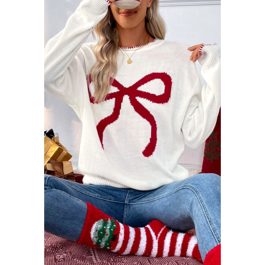 Bow Round Neck Drop Shoulder Sweater Apparel and Accessories