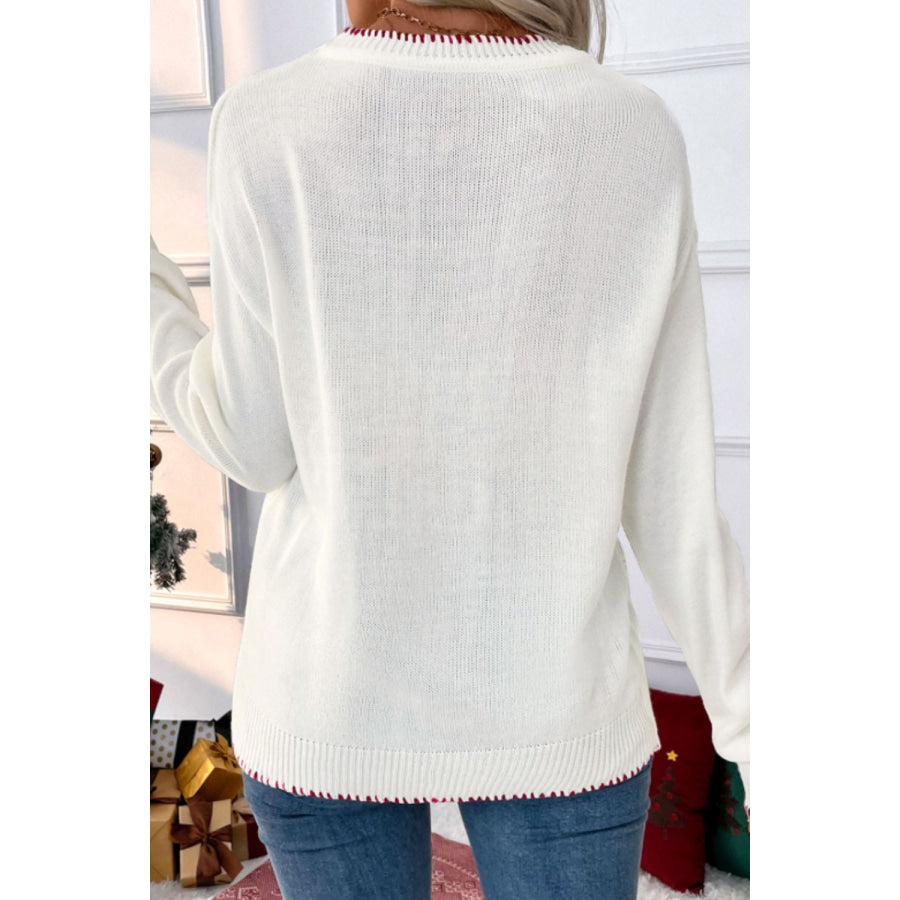 Bow Round Neck Drop Shoulder Sweater Apparel and Accessories