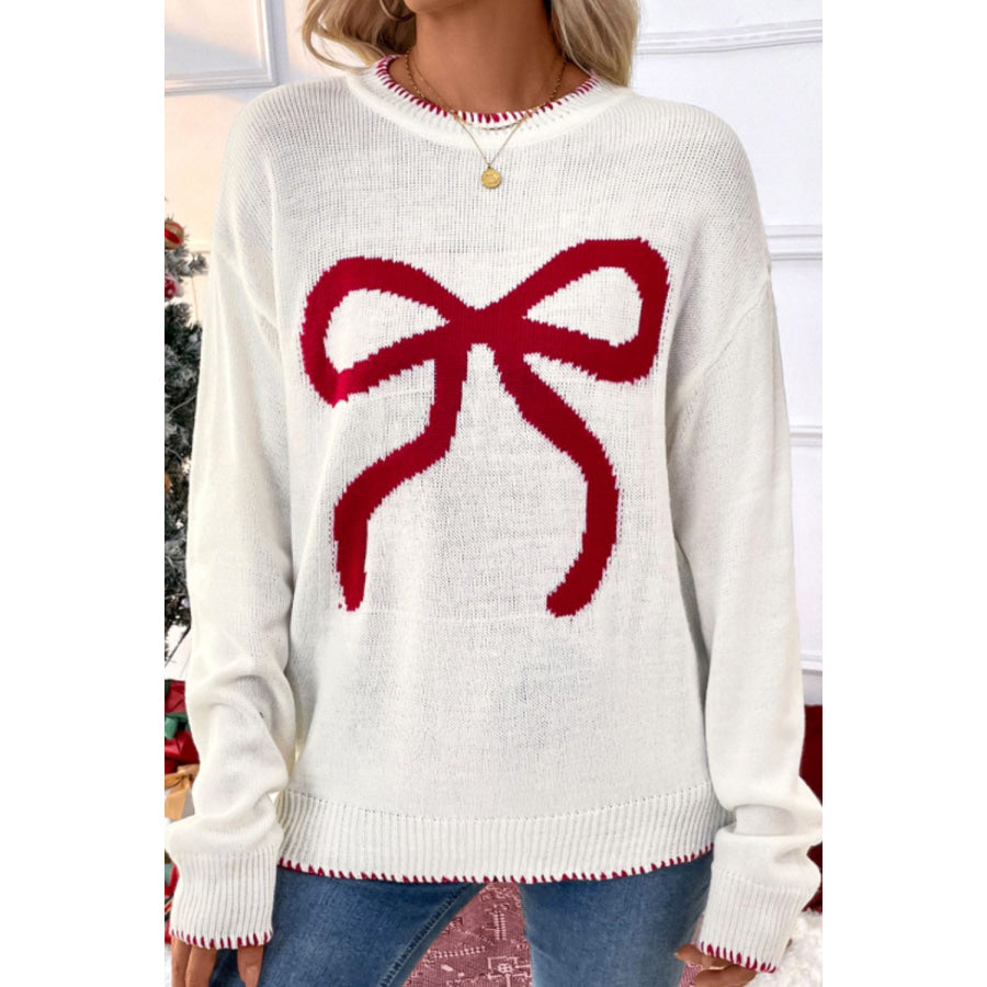 Bow Round Neck Drop Shoulder Sweater White / S Apparel and Accessories