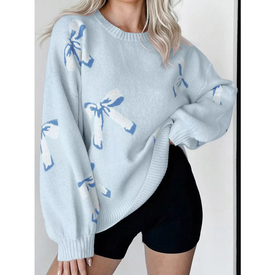Bow Round Neck Dropped Shoulder Sweater Apparel and Accessories