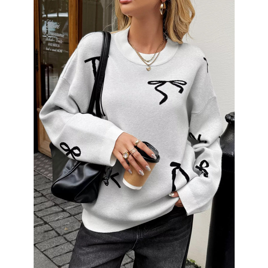 Bow Round Neck Dropped Shoulder Sweater Apparel and Accessories