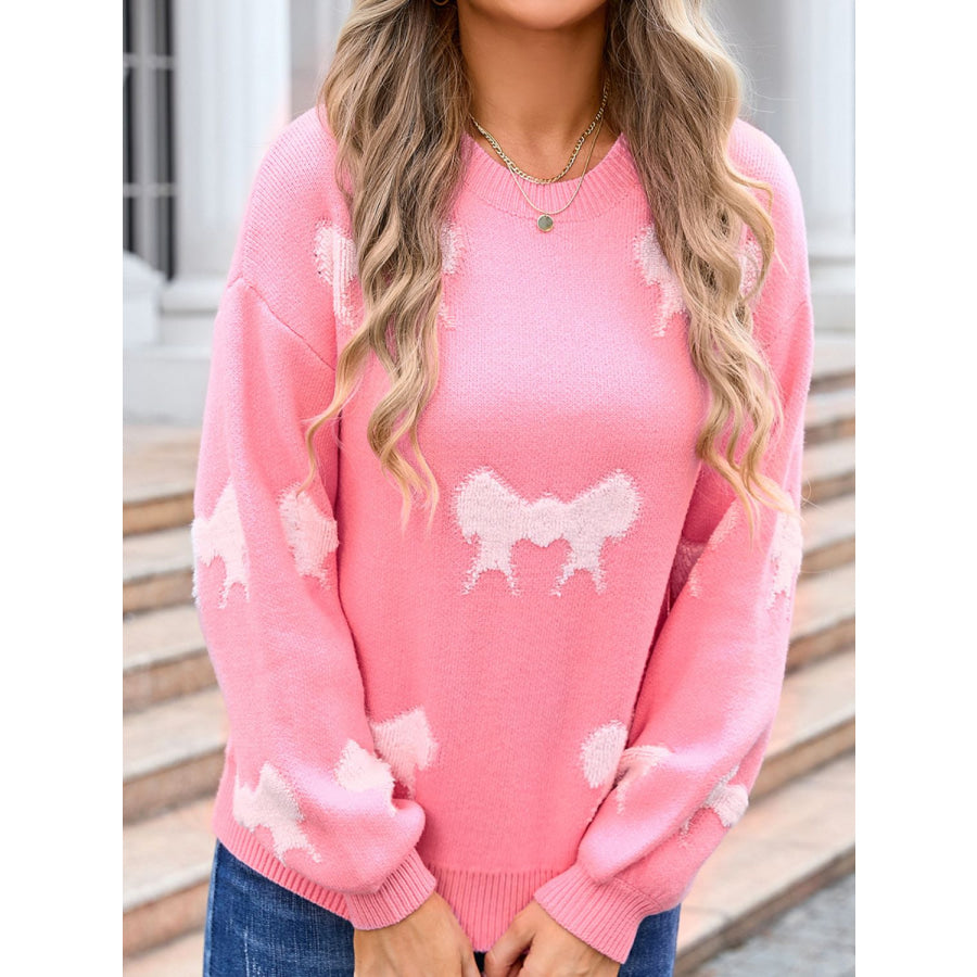 Bow Round Neck Dropped Shoulder Sweater Apparel and Accessories