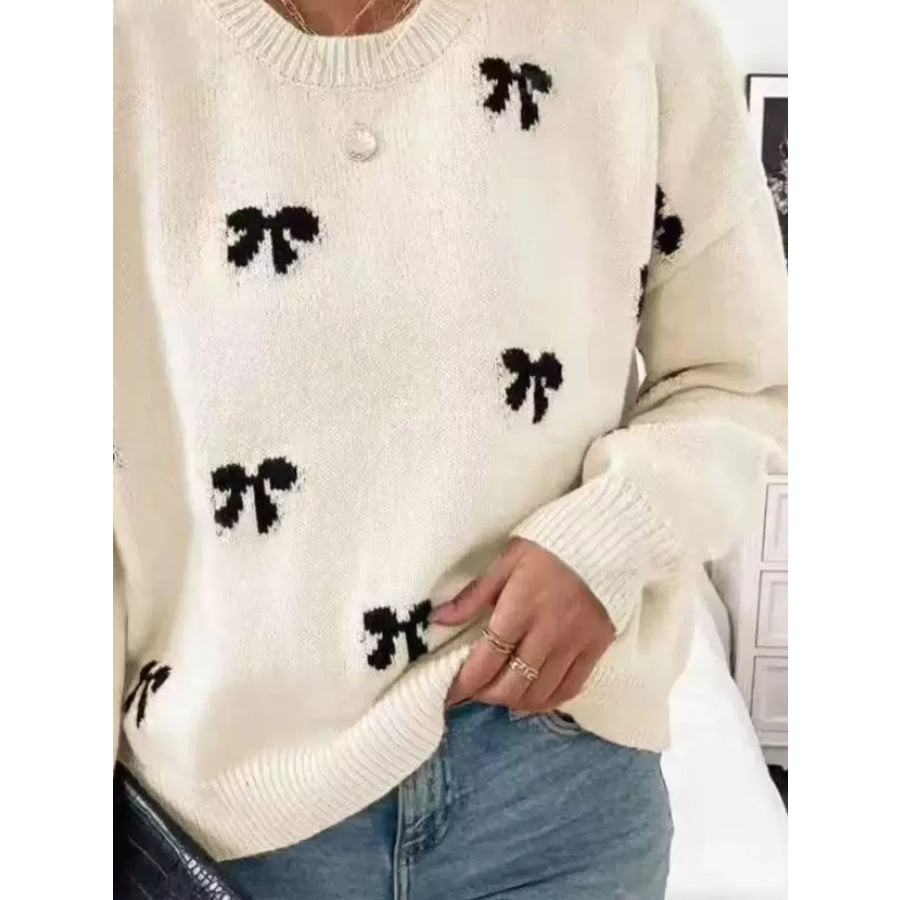 Bow Round Neck Dropped Shoulder Sweater Apparel and Accessories