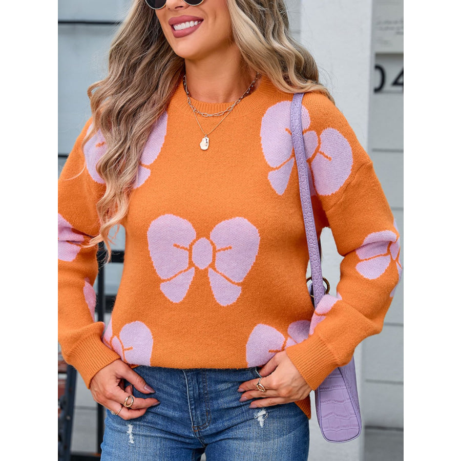 Bow Round Neck Dropped Shoulder Sweater Apparel and Accessories