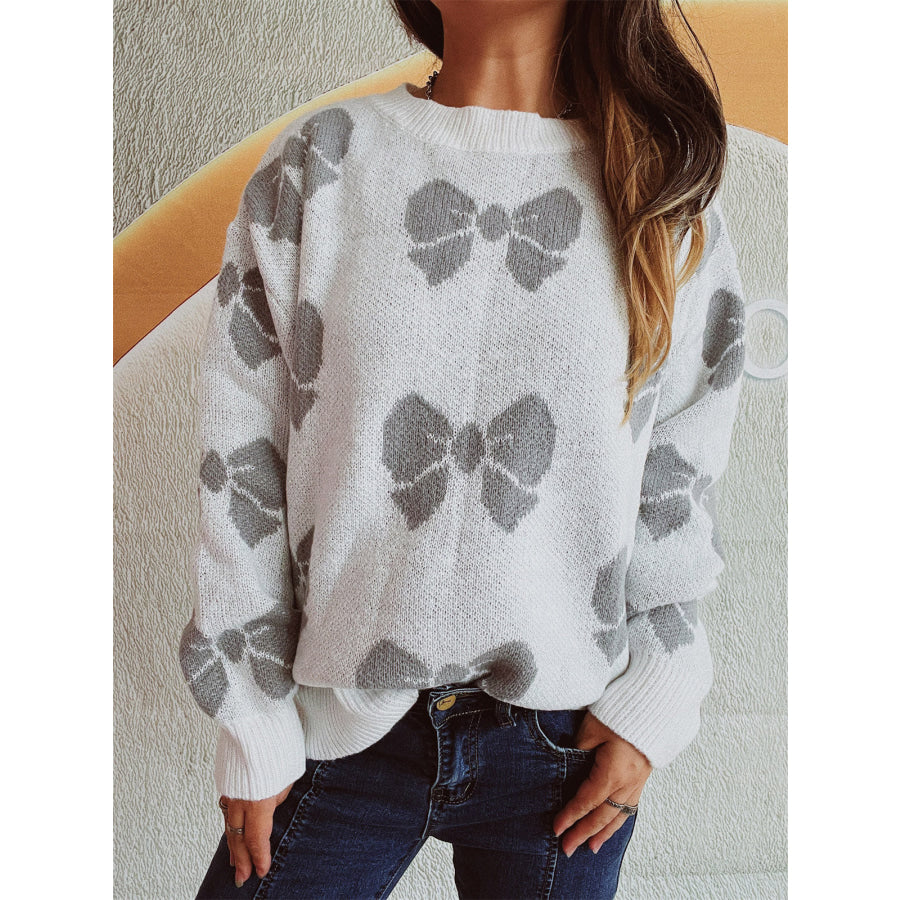 Bow Round Neck Dropped Shoulder Sweater Apparel and Accessories