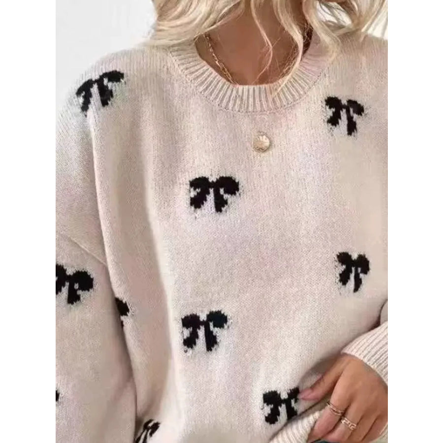 Bow Round Neck Dropped Shoulder Sweater Apparel and Accessories