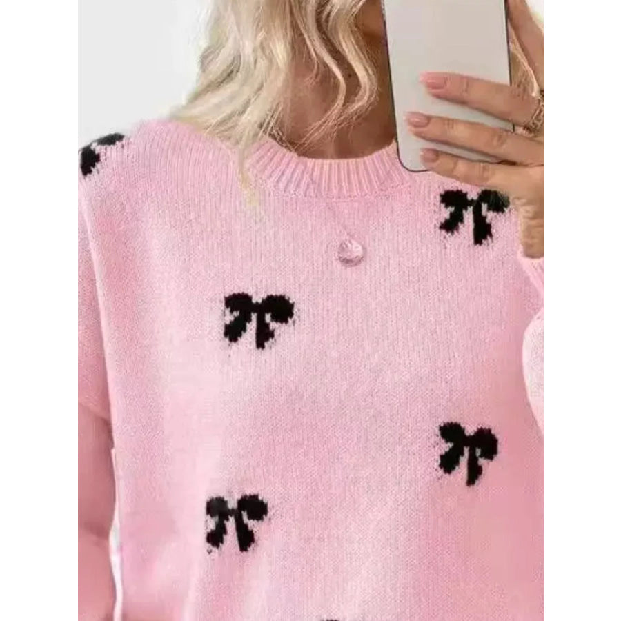 Bow Round Neck Dropped Shoulder Sweater Apparel and Accessories