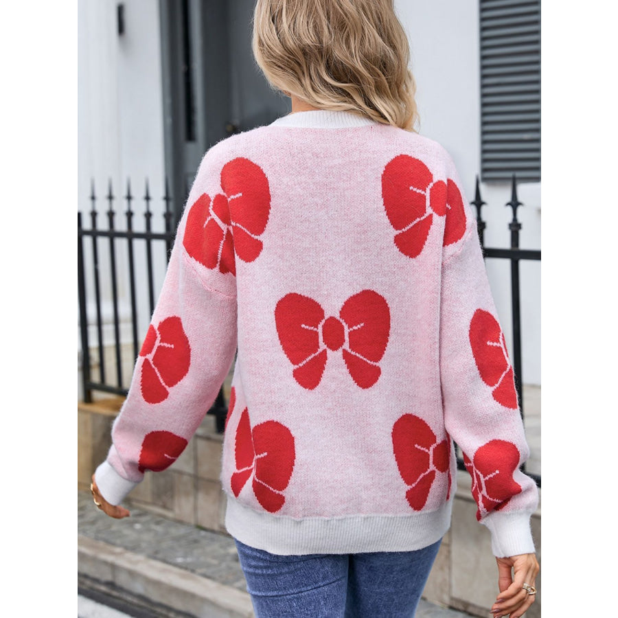 Bow Round Neck Dropped Shoulder Sweater Apparel and Accessories