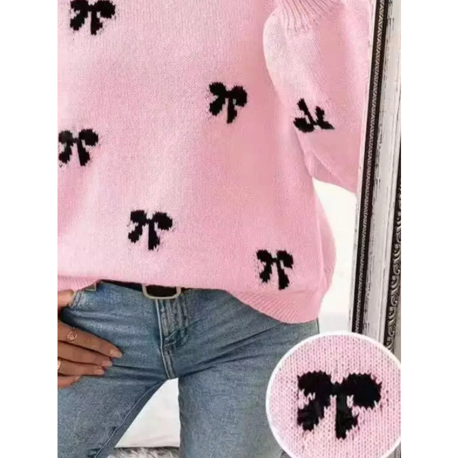 Bow Round Neck Dropped Shoulder Sweater Apparel and Accessories