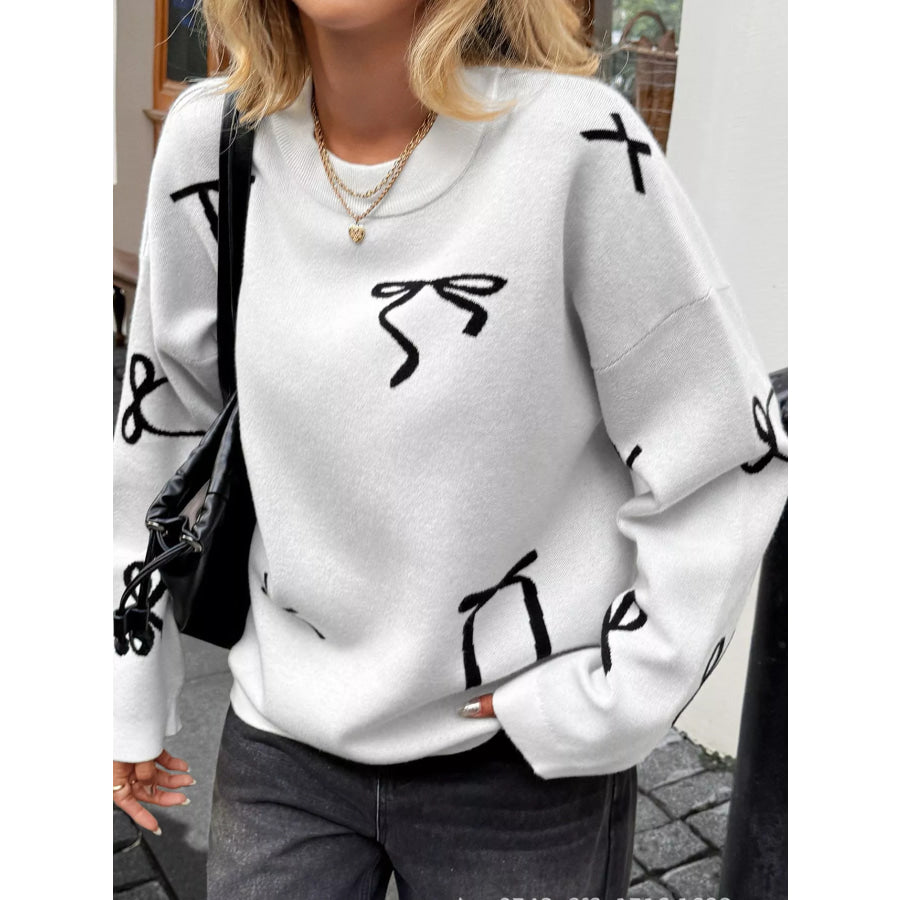 Bow Round Neck Dropped Shoulder Sweater Apparel and Accessories